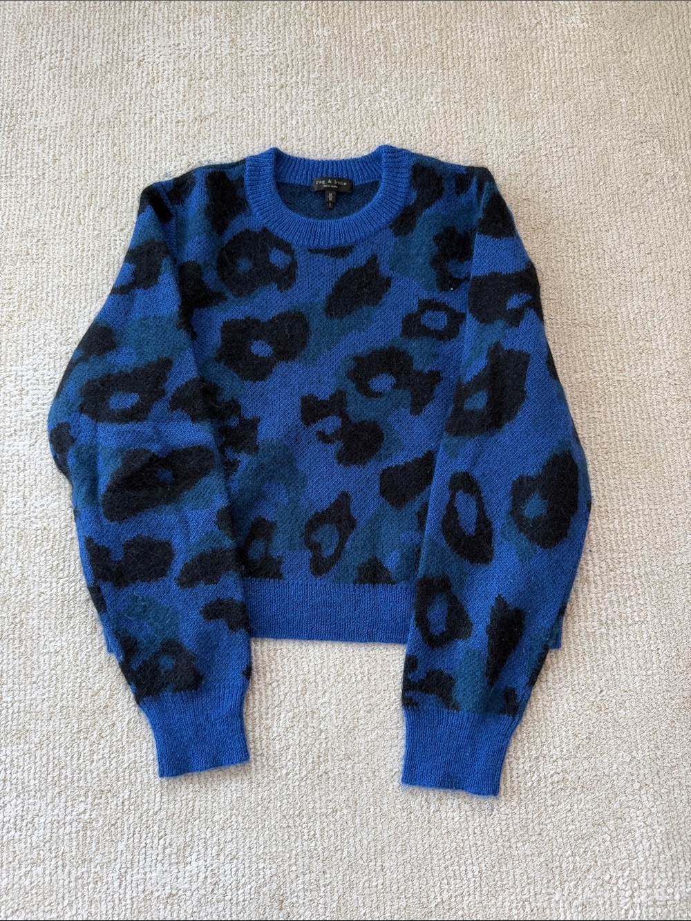 rag & bone Blue and Black Leopard Crewneck Sweater